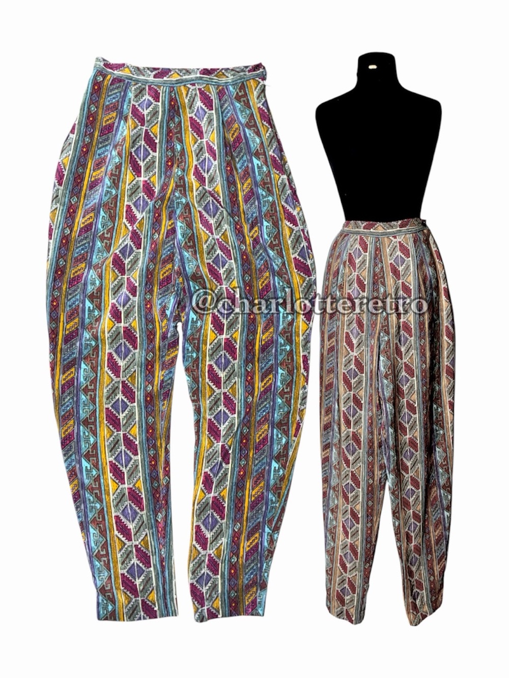 90s vtg High-Waist SILK Ethnic Print Pants